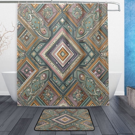 Bathroom Sets Curtain and Rug Sets 23.6x15.7 in Non-Slip Mat and 60x72 in Shower Curtain for Home Bath Dcor Intricate Brown Batik Pattern