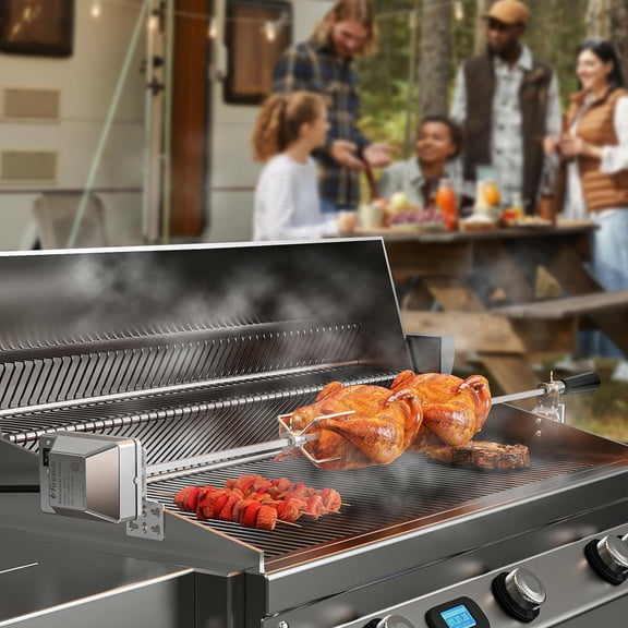 Stainless Steel Rotisserie Kit for Gas Grills with A Cookbox up to 39’’ - Includes 4W Electric Motor, 34’’ - 45’’ × 5/16" Square Spit Rod, Meat Forks, Counterweight - for Outdoor BBQ