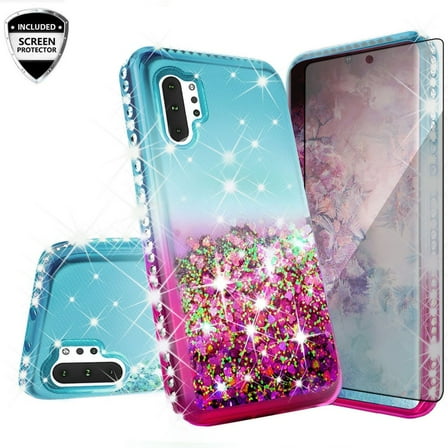 Samsung Galaxy Note 20 Case w/[Temper Glass] Cute Glitter Liquid Quicksand Floating Sparkle Bling Girls Women - Teal/Pink