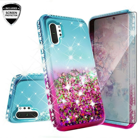 Samsung Galaxy Note 20 Case w/[Temper Glass] Cute Glitter Liquid Quicksand Floating Sparkle Bling Girls Women - Teal/Pink