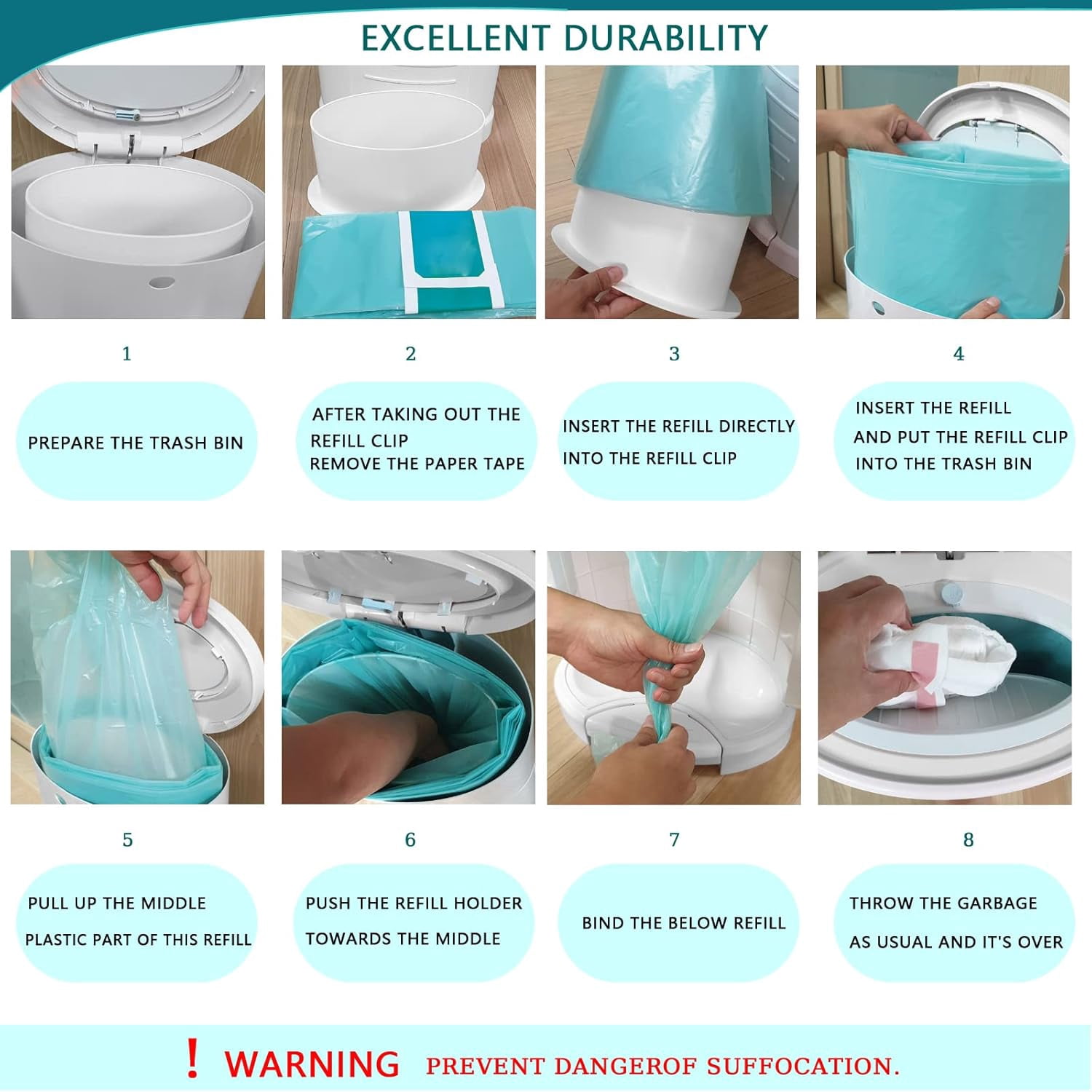 8 Pack Nappy Disposal Bin Liners, Compatible With Korbell Plus 26L Diaper Pail, Holds up to 5600 Diapers (NOT Compatible with 280 Pails)