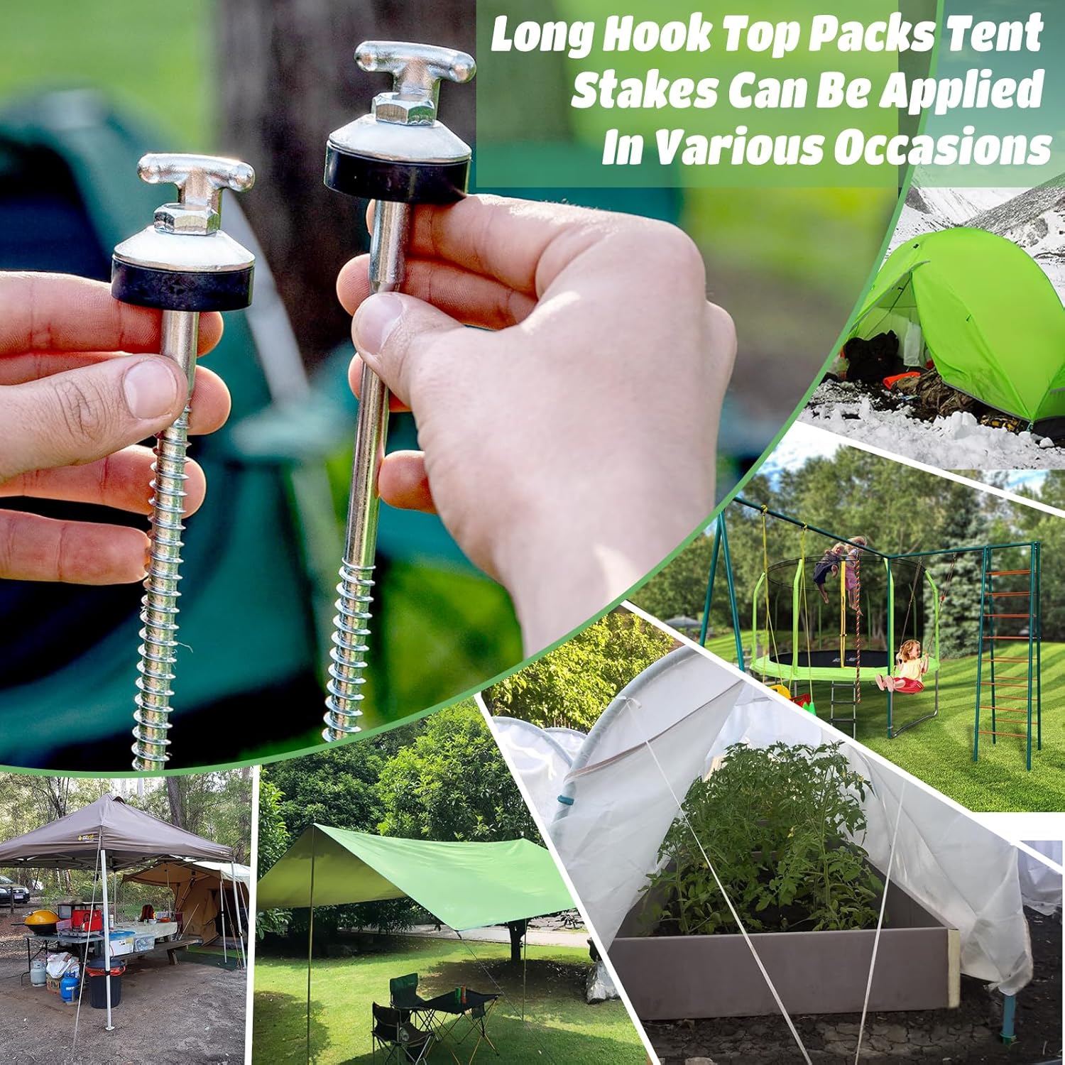 8 Pcs 12 Inch Drillable Tent Stakes Hex Pegs Long Hook Top Packs for Grassland Garden Tents Canopies Awnings Camping Travel with Hex Tool and Storage Bag