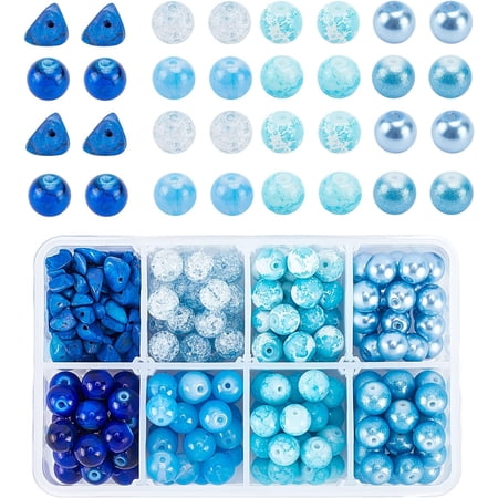 PH 485pcs Blue Beads Kit 8mm Blue Series Glass Beads Gemstone Beads Flat Head Pins Earring Hooks Open Jump Rings Lobster Claw Clasps Clear Elastic Thread for Summer Hawaii Jewelry Making Blue DIY