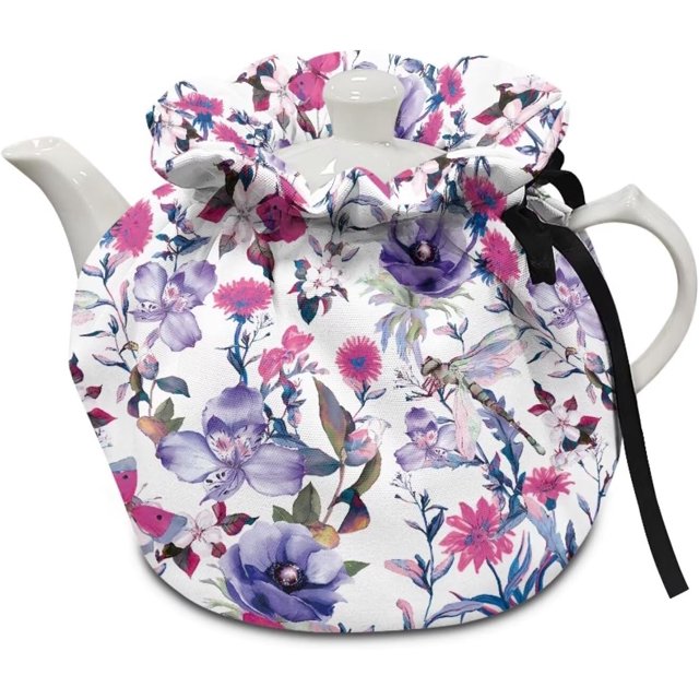 Purple Floral Tea Pot Cosy Cotton Breakfast Tea Pot Dust Cover with Elastic Band Drawstring Kettle Covers Home Family Decorative Accessories
