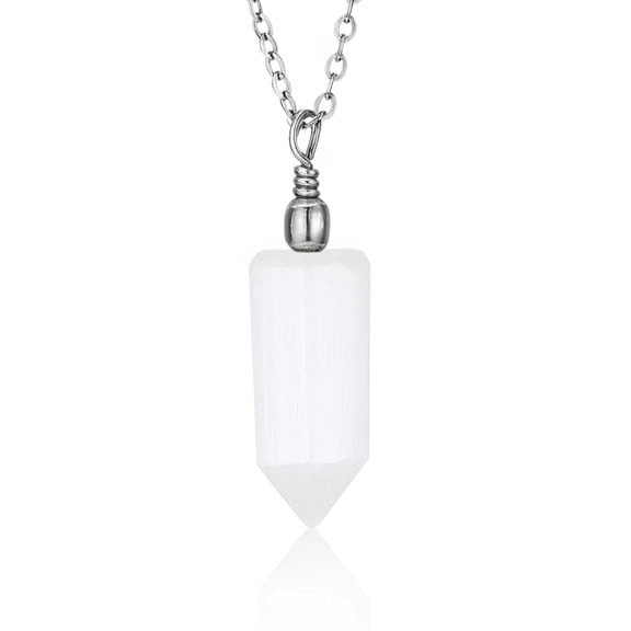 Selenite Crystal Pendant Necklace – Healing Crystals & Stones for Energy Healing & Spiritual Protection – Natural Stone Necklace with 18–20" Adjustable Stainless Steel Chain (Hexagonal Point)