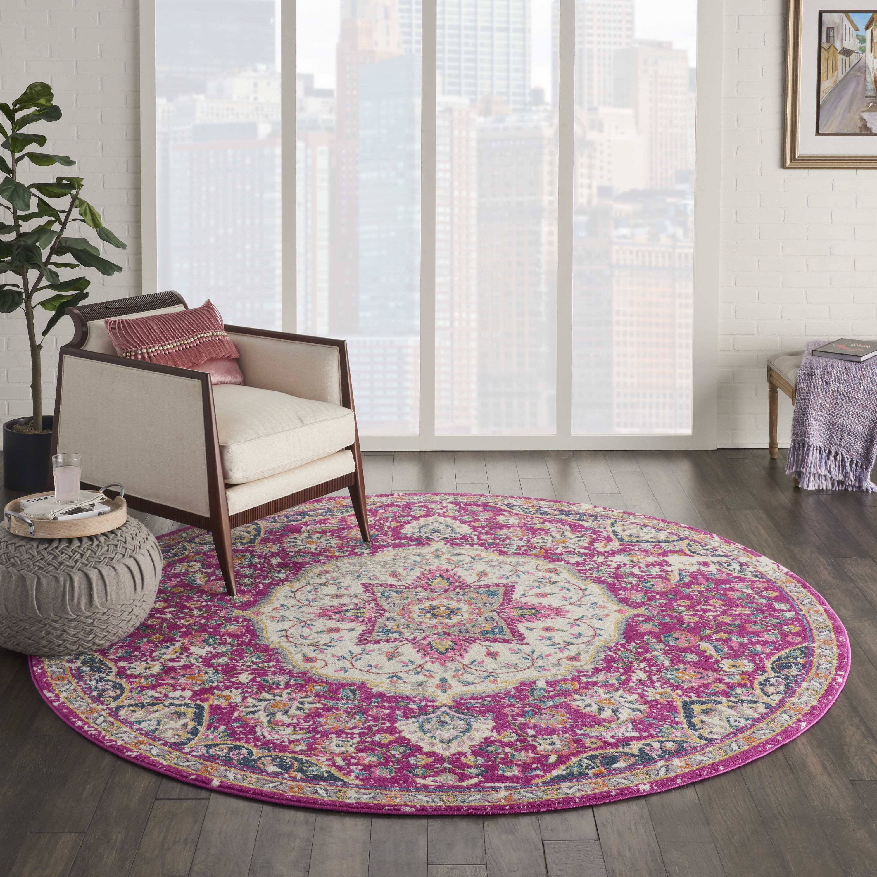 Nourison Passion Transitional Bohemian Light Grey/Pink 8' x ROUND Area Rug, 8' Round 