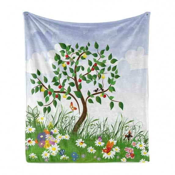 Nature Soft Flannel Fleece Blanket, Cartoon Landscape Forest Garden Cherry Tree and Colorful Spring Flowers Butterflies, Cozy Plush for Indoor and Outdoor Use, 70" x 90", Multicolor, by Ambesonne