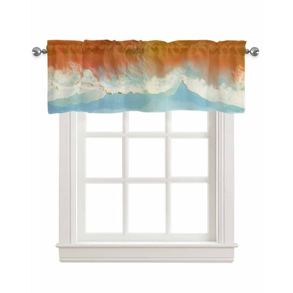 Burn Orange Seawave Linen Curtain Valance for Bedroom/Bathroom/Kitchen/Office/Living/Dining Room Windows,Abstract Contemporary Blue Painting Pocket Topper Drapes Decorative Cafe Drapery Panel 54x18