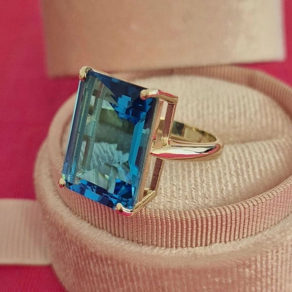 Swiss Blue Topaz Emerald Cut Cocktail Ring, 925 Silver Handmade Gemstone Ring, Women Gifted Topaz Anniversary Ring,