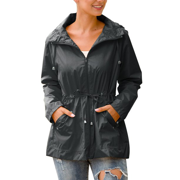 Gibobby chaquetas largo de algodón Chubasquero de manga larga de Color sólido a la moda para mujer con capucha cortavientos con cremallera y cordón impermeable con bolsillos (Gris, M)