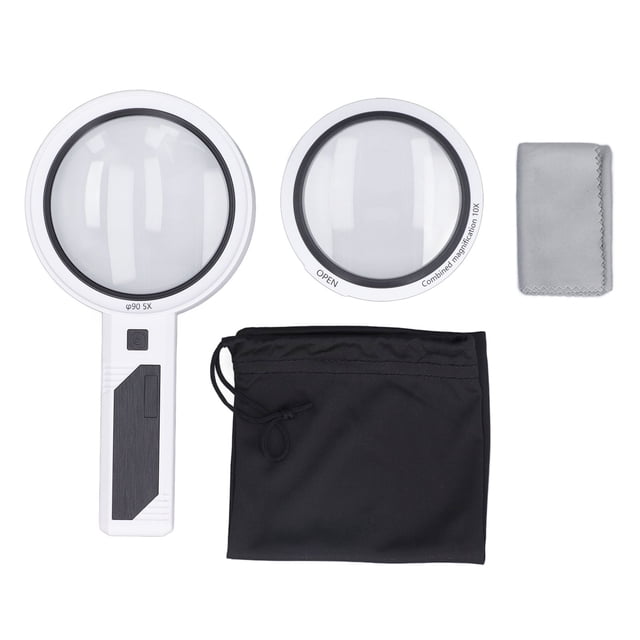 Lupa de mano 5X, 3X y 10X con luz ajustable de 3 colores y 32 LED para lectura e inspección.