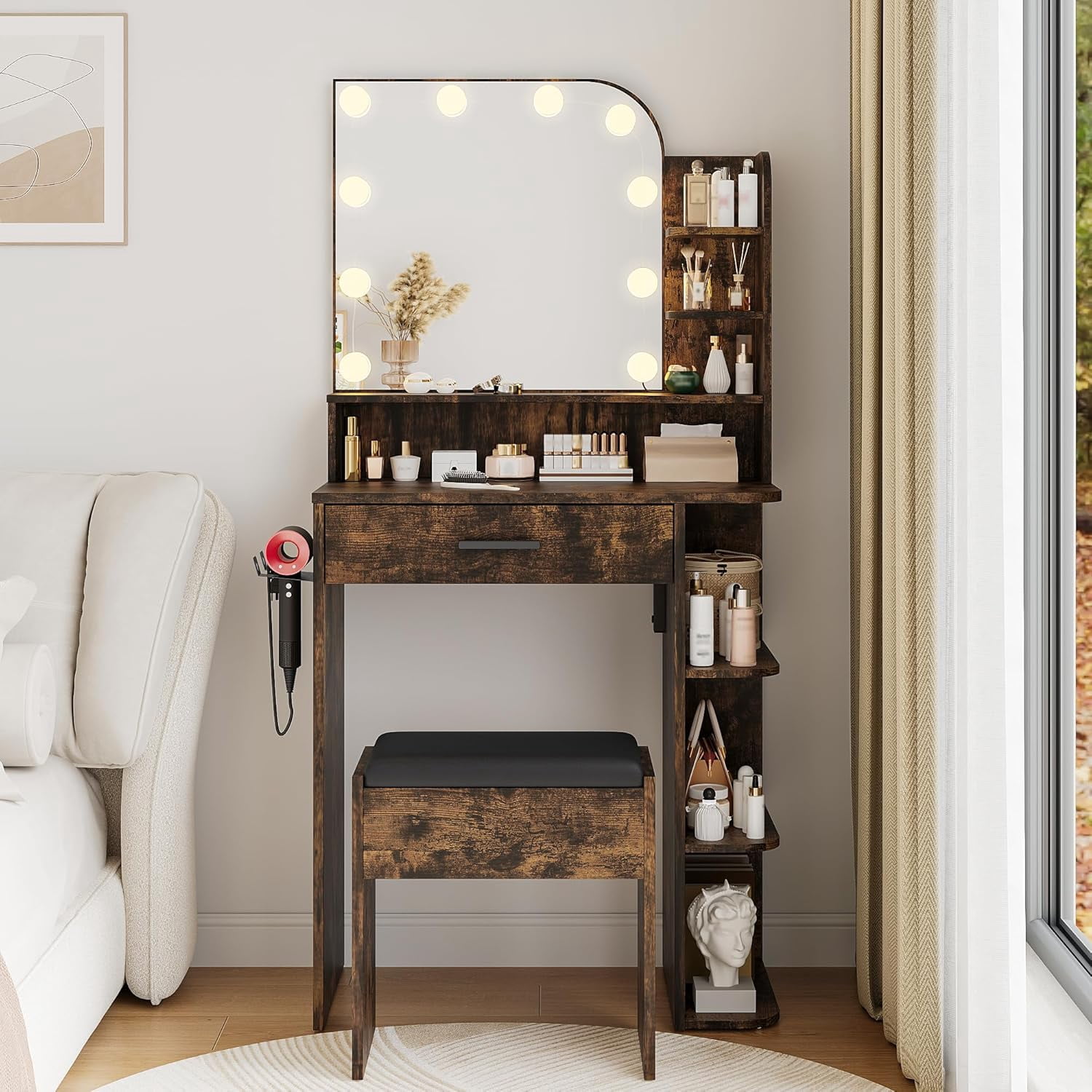 Akaber Vanity Set with Mirror and Lights, Small Makeup Vanity Desk with Stool, Charging Station, Vanity for Small Spaces