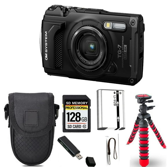 Olympus OM SYSTEM Tough TG-7 Digital Camera (Black)  Spider Tripod   Case - 64GB Kit (International Version)