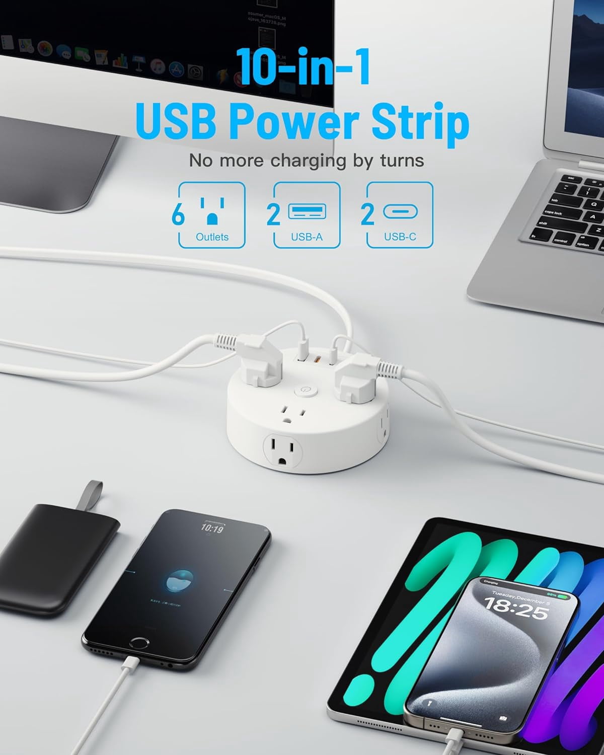 10FT 2 Prong Power Strip, 2 Prong to 3 Prong Outlet Adapter, Flat Extension Cord, Surge Protector with Rotating Plug, 6 Outlets 4 USB(2 USB C), Wall Mount, Ideal for Non-Grounded Outlets