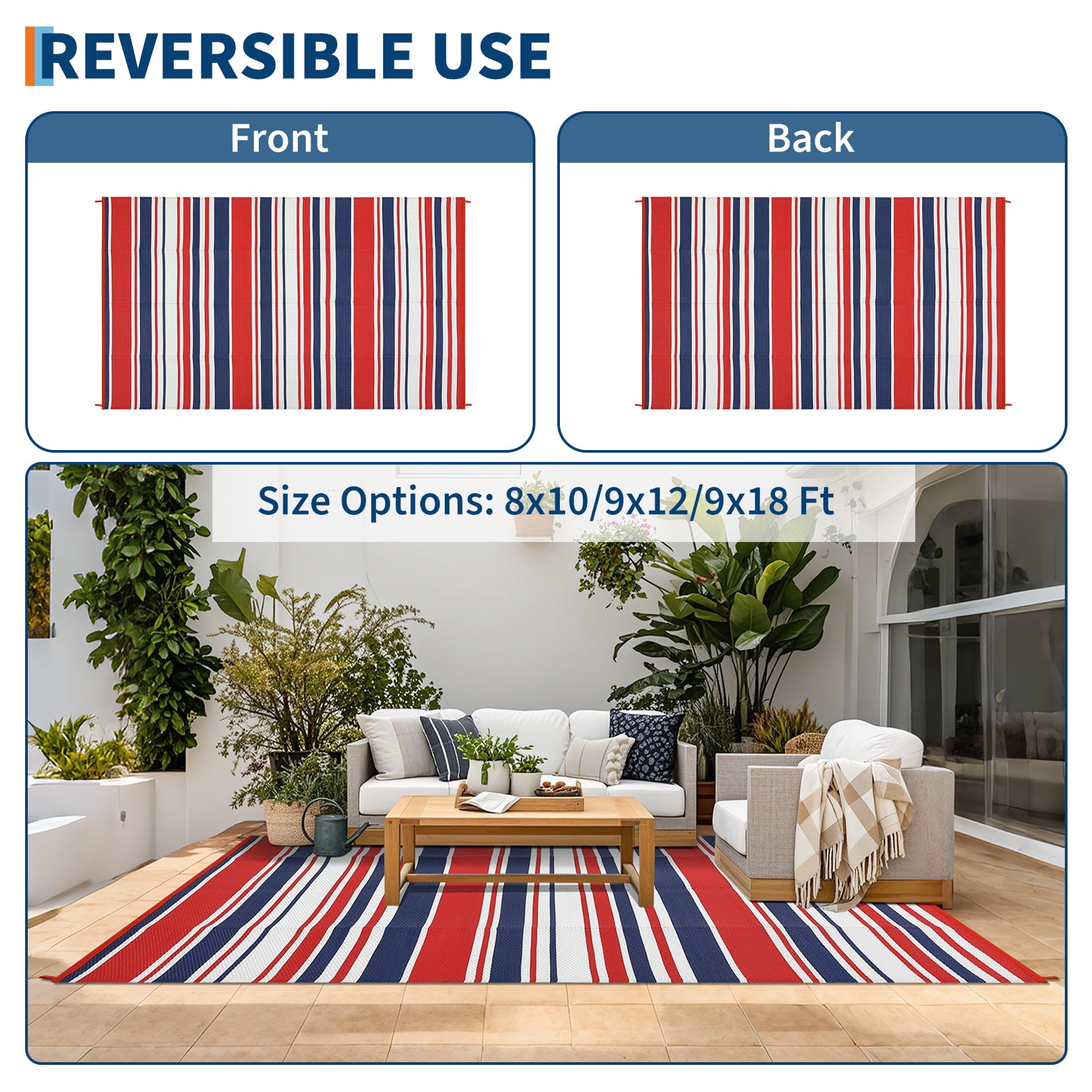 HIWEAVER 10' x 14' Red/Navy Outdoor Rug PP Plastic Straw Woven Waterproof Patio Rug with Border Portable Outside Carpet for Balcony Deck Picnic Garden Decor