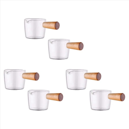 6PCS Transparent Glass Creamer with Wooden Handle, Mini Coffee Milk Pitcher. 100Ml