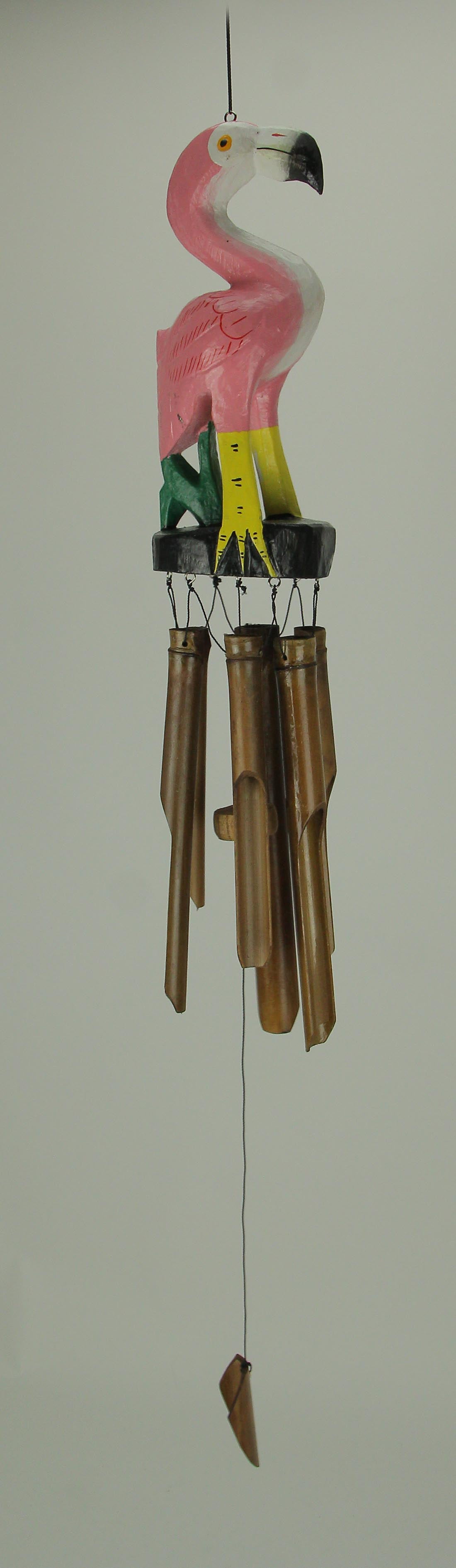 Chesapeake Bay Hand Carved Wood and Bamboo Tropical Pink Flamingo  Wind Chime