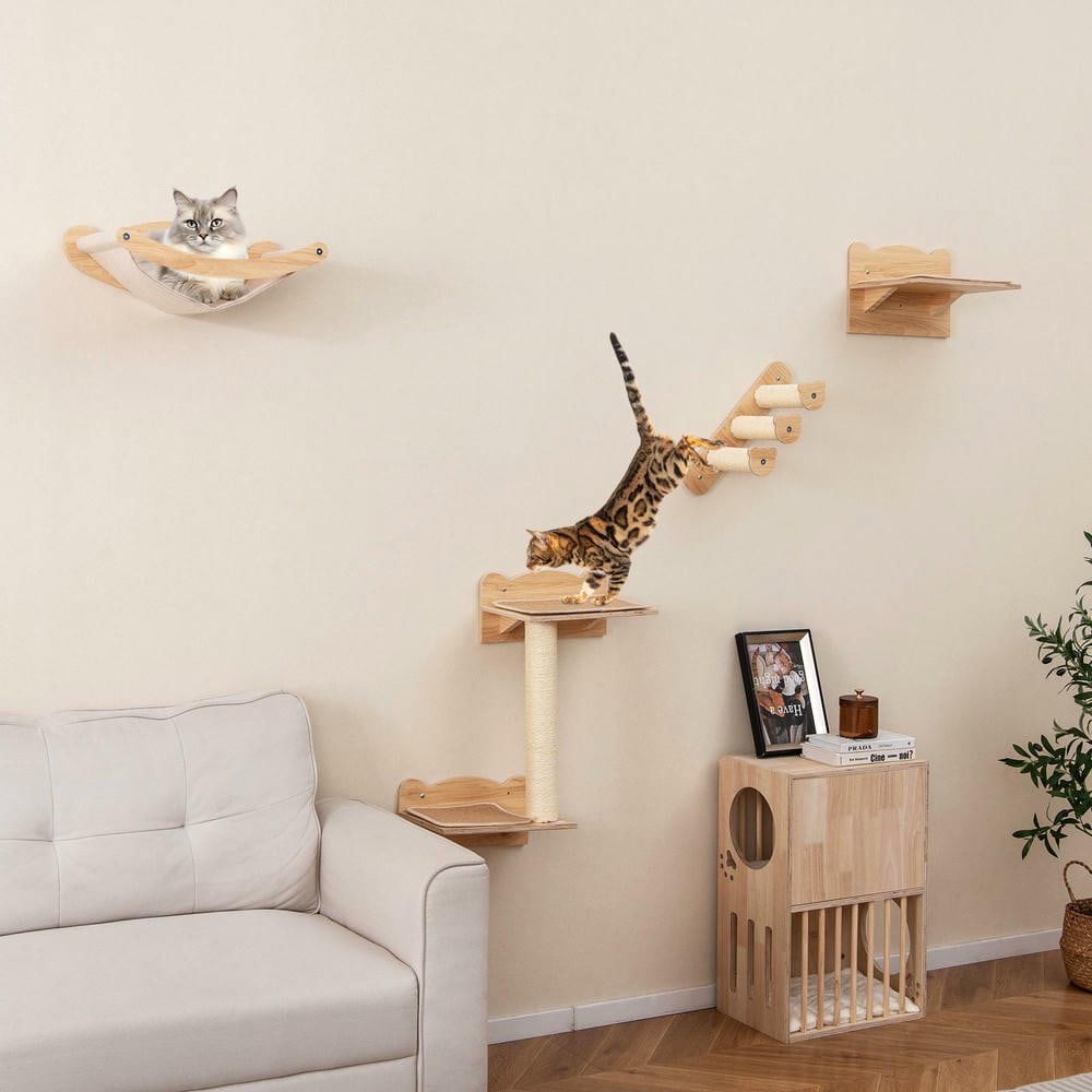 Resenkos Wall-Mounted Cat Furniture Set of 4 Pieces with Hammock and Steps, Natural