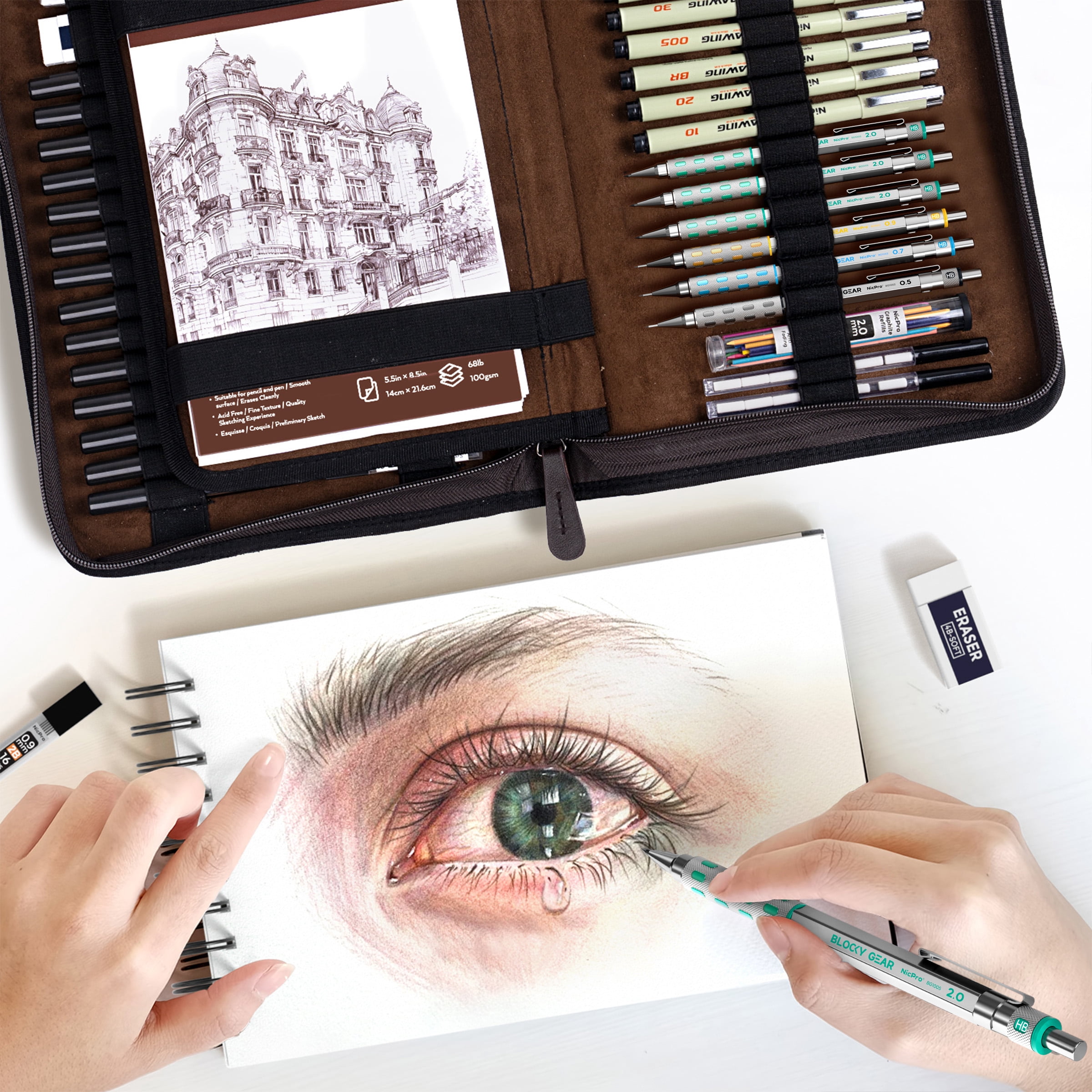 Nicpro 58 PCS Art Drawing Supplies Kit in Leather Case, Art Mechanical Pencil Set with 6 Metal Drafting Pencil 0.5 & 0.7 & 0.9 & 2mm, 12 Micron Pen, Sketch Book, 30 Tube Lead Refills for Sketching