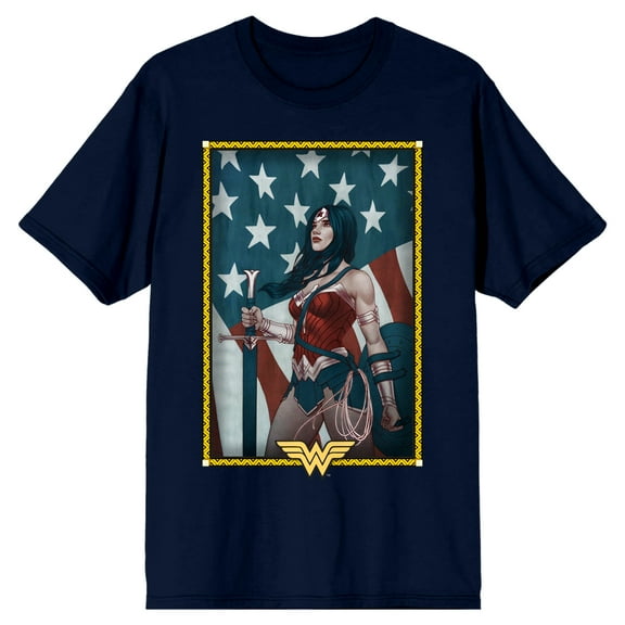 Wonder Woman with Shield, Sword, and American Flag Background Men's Navy Blue Graphic Tee-Medium