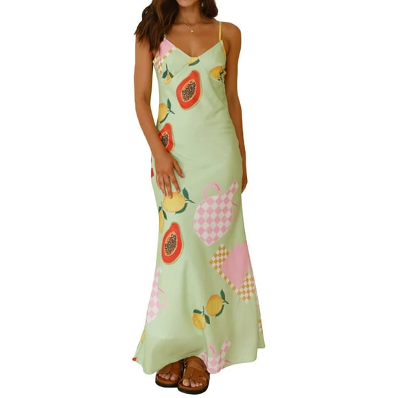 Gupgi Women Slip Long Dress Spaghetti Straps V-neck Fruit Print Dress Summer Swing Dress