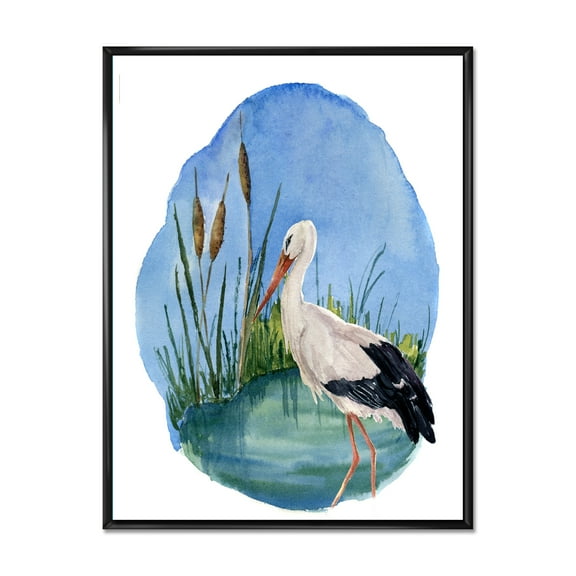 Designart 'White Stork On The Swamp Blue' Traditional Framed Canvas Wall Art Print
