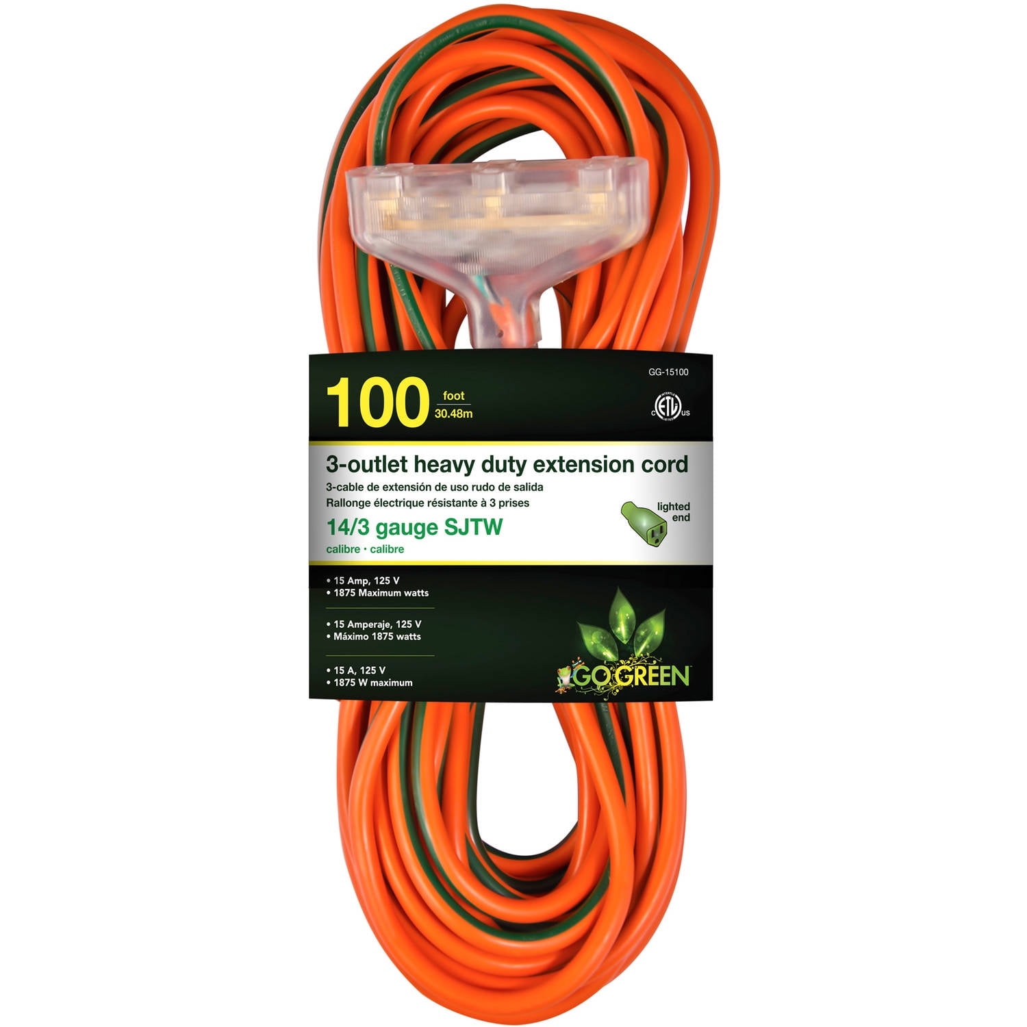 GoGreen Power 14 3 100' 15100 3-Outlet Heavy Duty Extension Cord, Lighted End by GoGreen Power