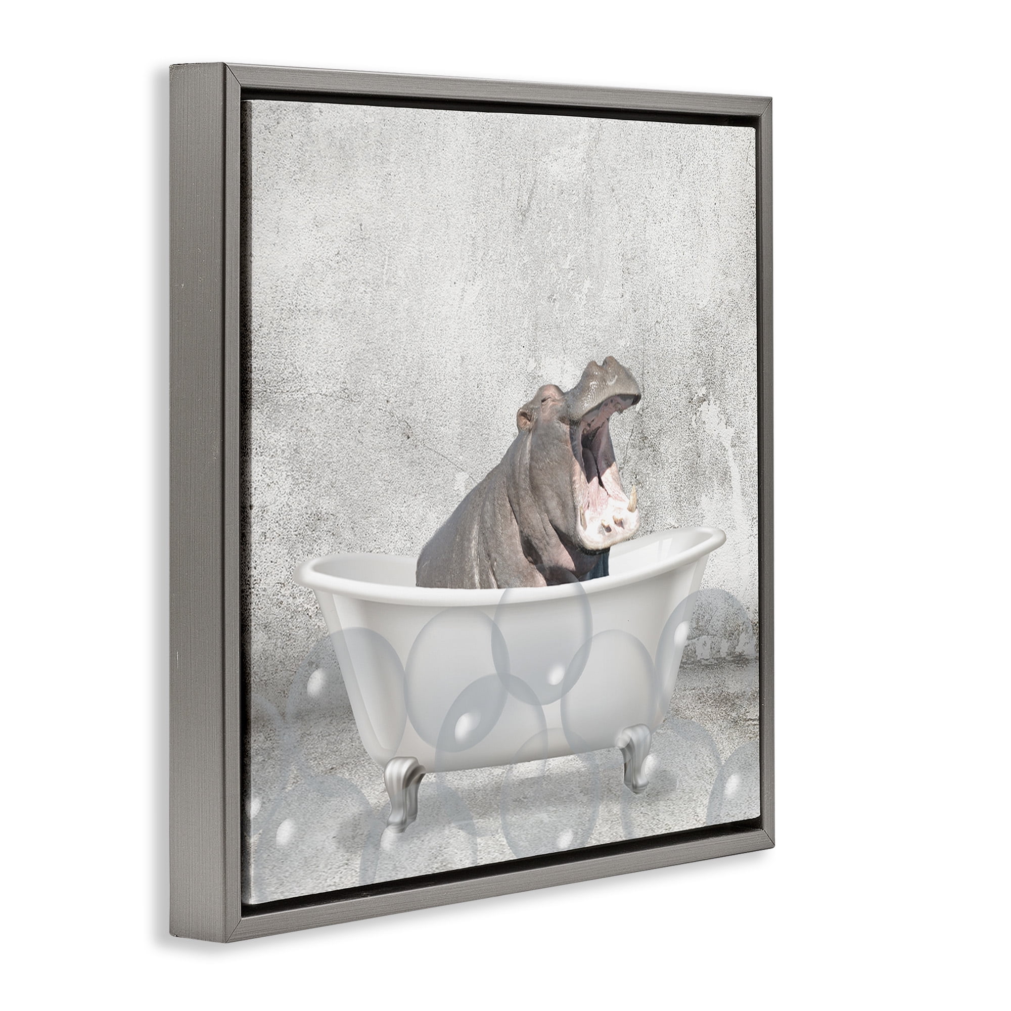 Stupell Industries Baby Hippo Bath Time Animals & Insects Painting Gray Floater Framed Canvas Art Print Wall Art, 25 x 25