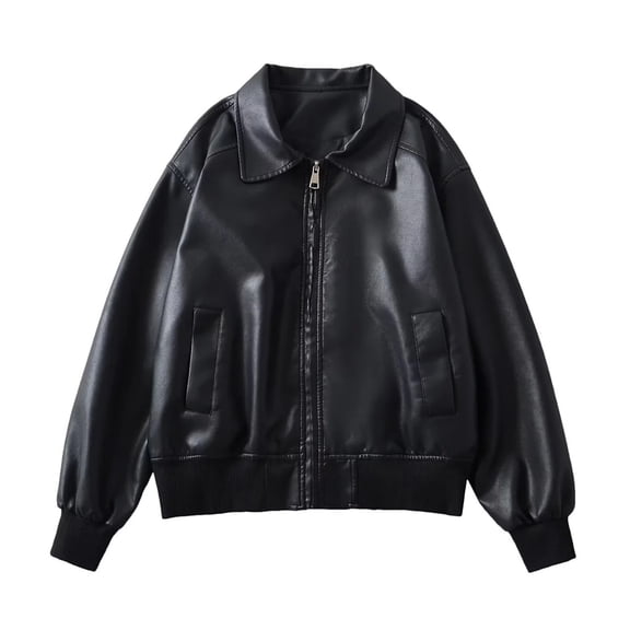 Zpanxa Bomber Jacket Women Collared Zip Up Hoodless Faux Leather Plus Size Casual Winter Coat with Pockets Black M