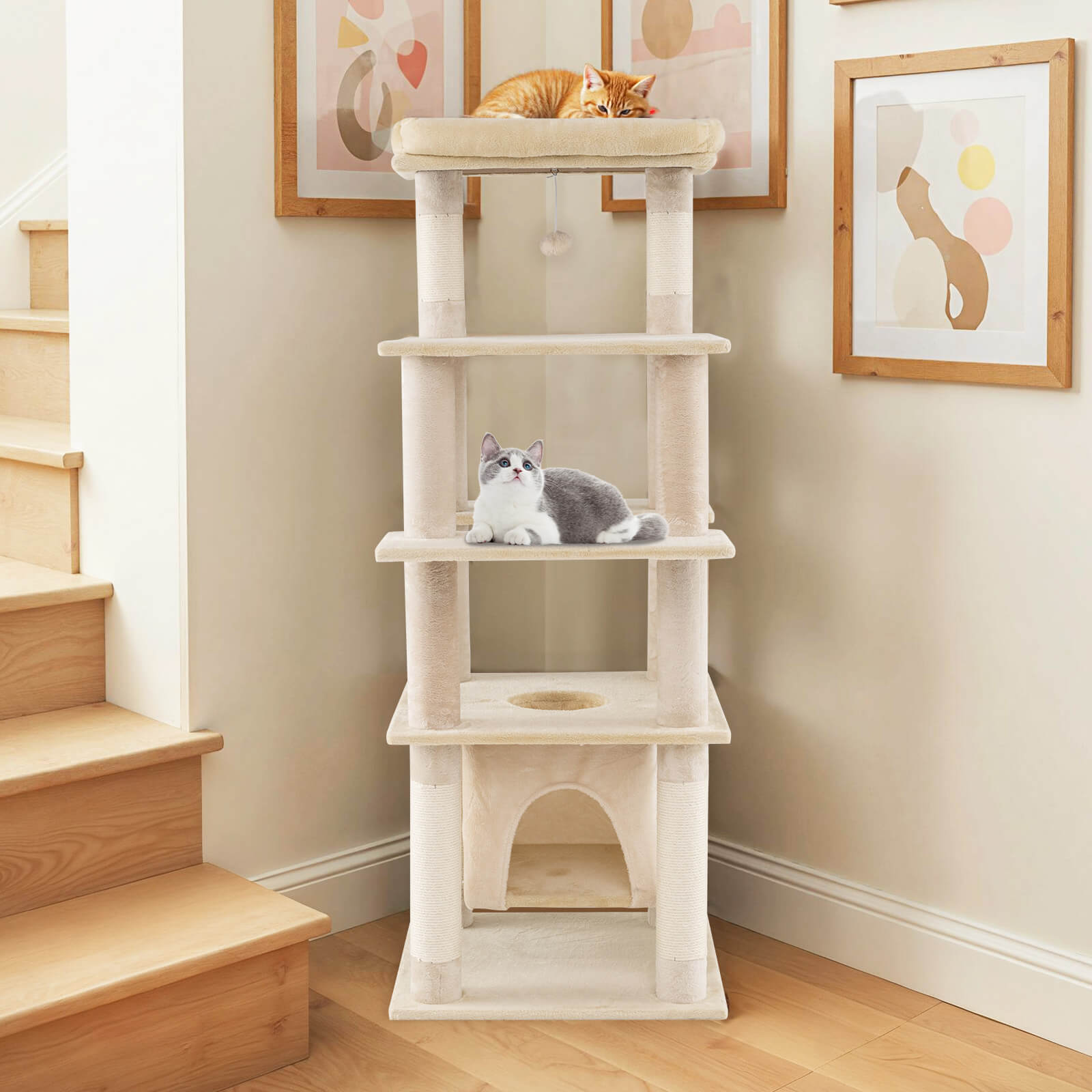 Costway Large Multi-level Cat Tree 58" Tall Cat Tower with Swaying Aerial Condo Perch Bed Beige