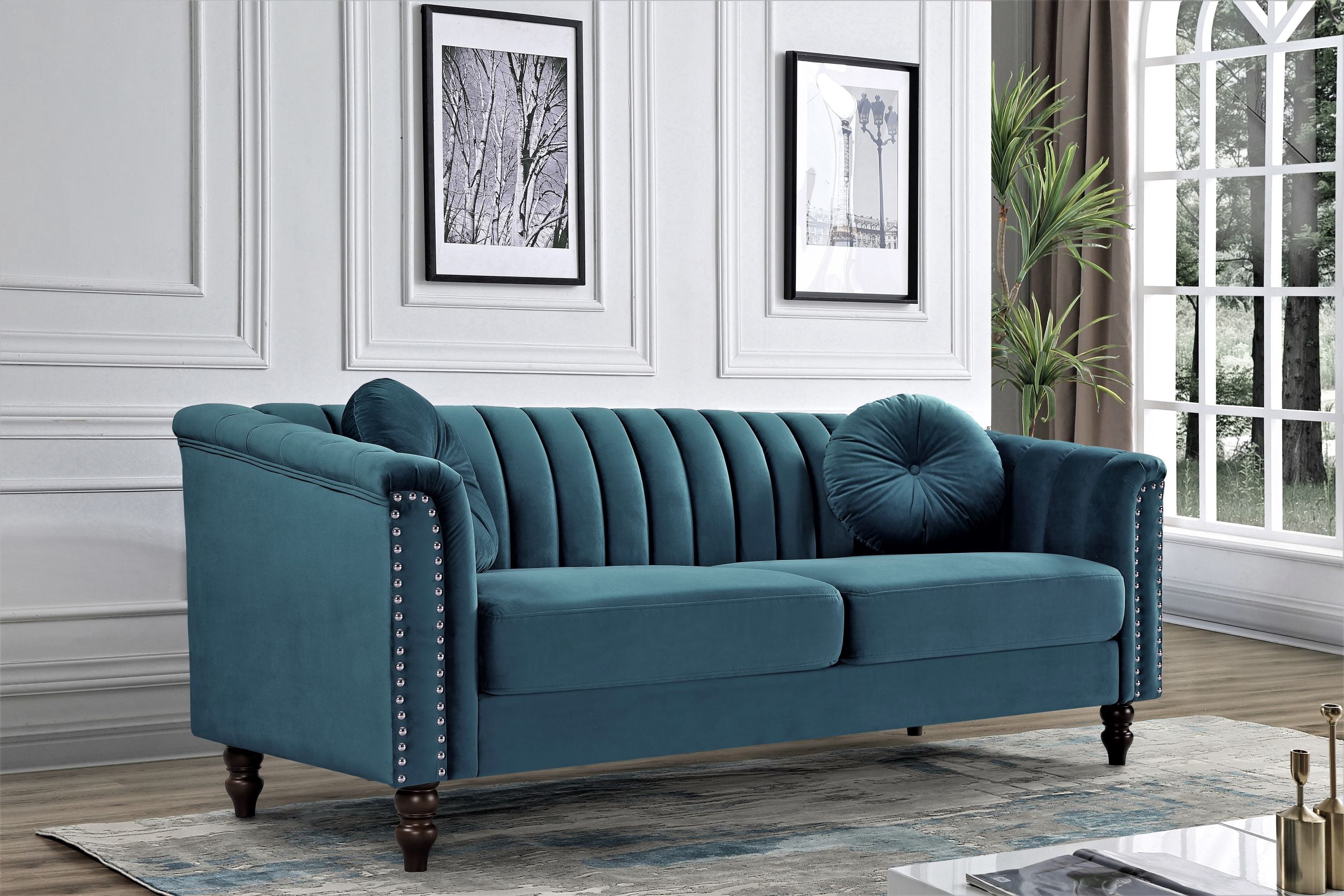 US PRIDE FURNITURE Hills Tufted Back Nailhead 75.2" Sofa-Blue Green