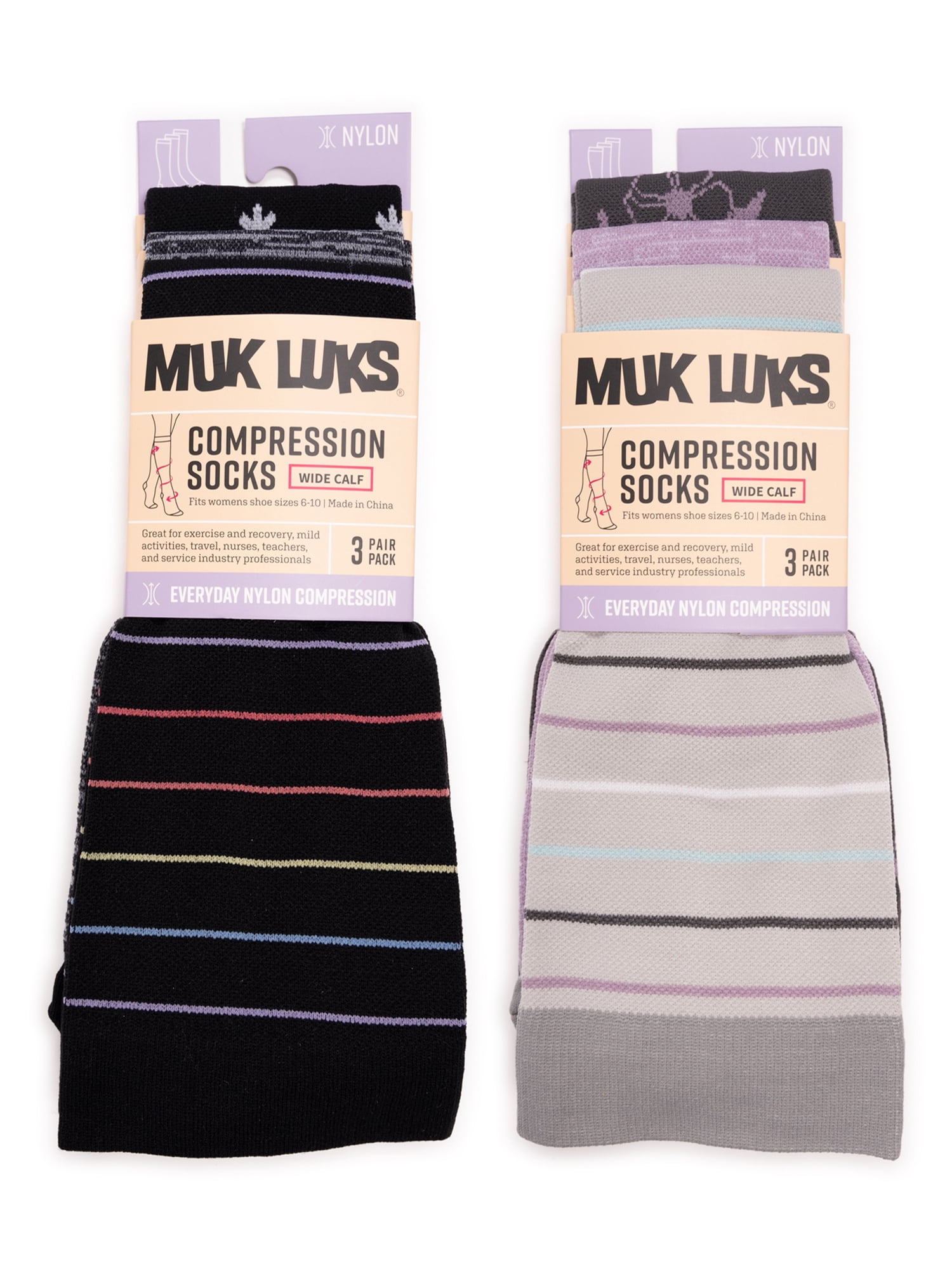 MUK LUKS Women's Wide Width Nylon Knee-High Compression Socks, 6 Pair Pack, Shoe Size 6-10