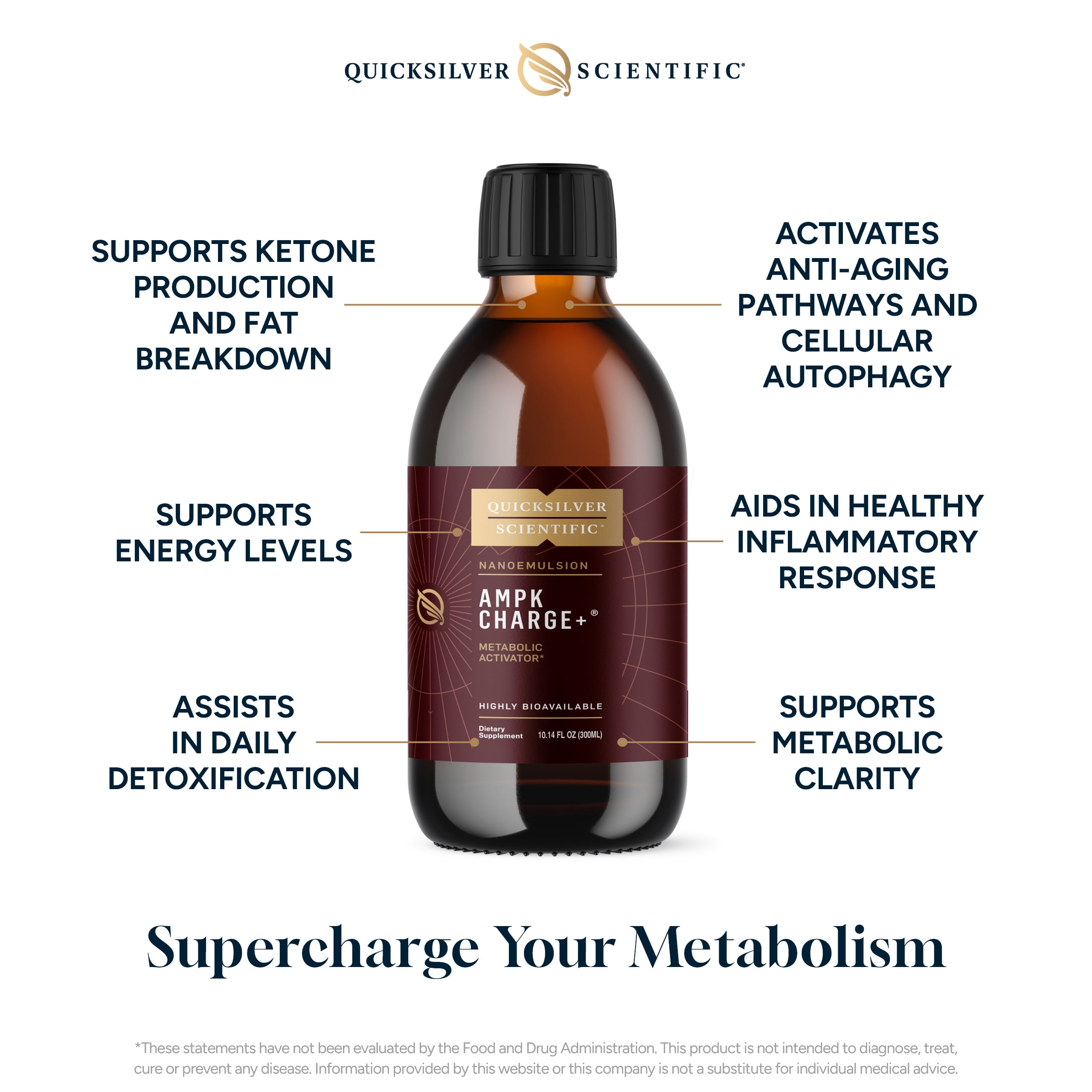 Quicksilver Scientific AMPK Charge+ - Support The Benefits of Intermittent Fasting, Carb Restrictive + Keto Protocols - Promotes Energy Production, Fat Breakdown + Healthy Aging (10.14oz / 300ml)