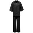 thumbnail image 5 of 2 Piece Outfit for Women Stand Collar Half Zip 3/4 Batwing Sleeve Blouse Matching Wide Leg Pants Solid Linen Look Casual Travel Suit for Spring Summer Vacation Daily Wear, 5 of 5