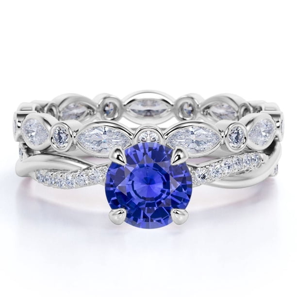 JeenMata Anillo de Bodas Nupcial Antiguo con Zafiro Azul Oscuro Redondo de 1,75 Quilates Creado en Laboratorio Engastado en Oro Blanco de 18 K sobre Plata