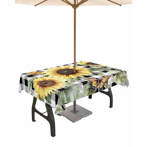 Boanket Outdoor Tablecloth with Umbrella Hole for Patio/Picnic/Party/Camping, Sunflower Waterproof Table Cloth Rectangle Table Cover Washable, American Pastoral Style Butterfly Plaid Black (52"x 70")