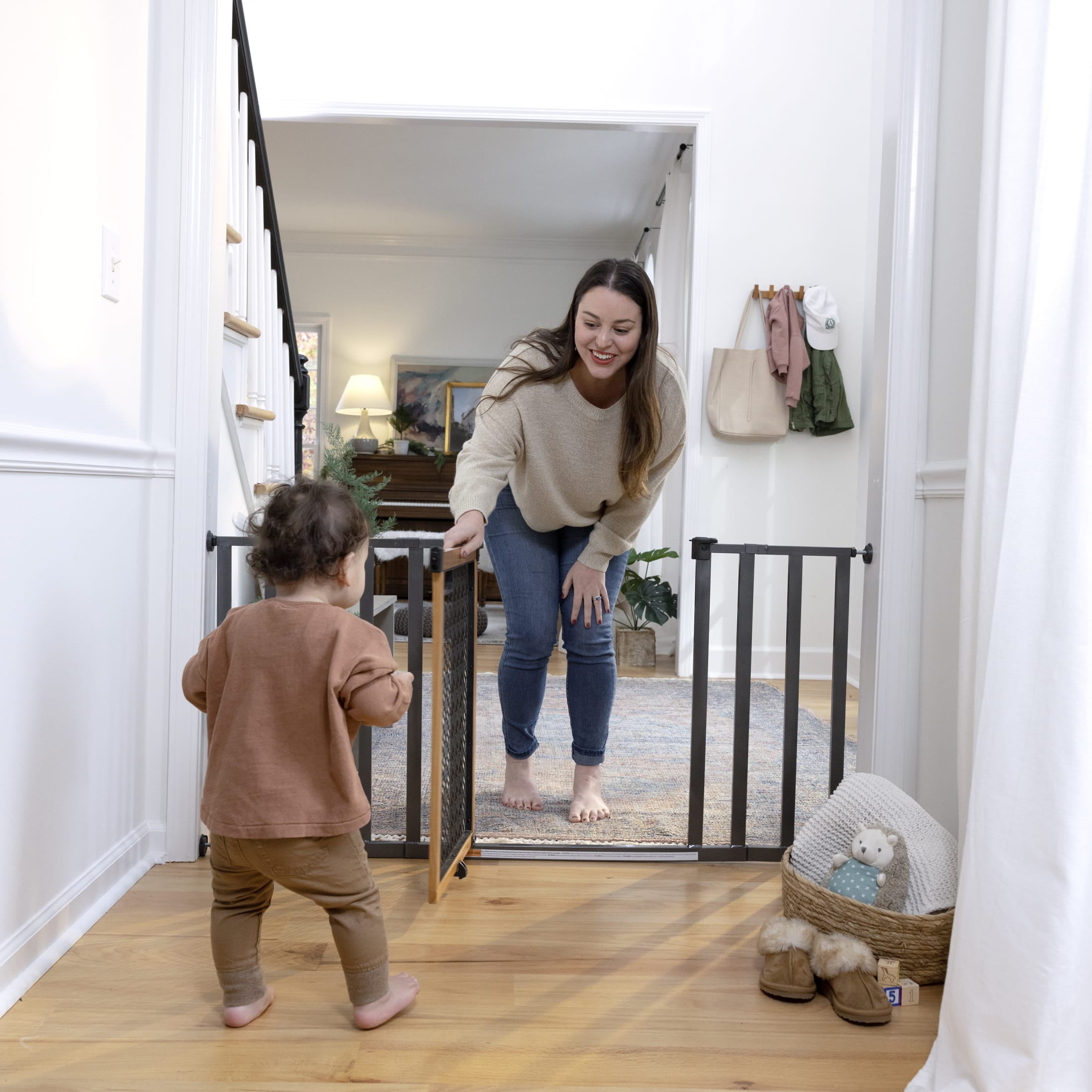 Ingenuity Thruway 60XW Series Pet and Baby Gate, Honey Oak Stained Wood and Metal, Openings from 30-60" Wide, Ages 6-24 Months