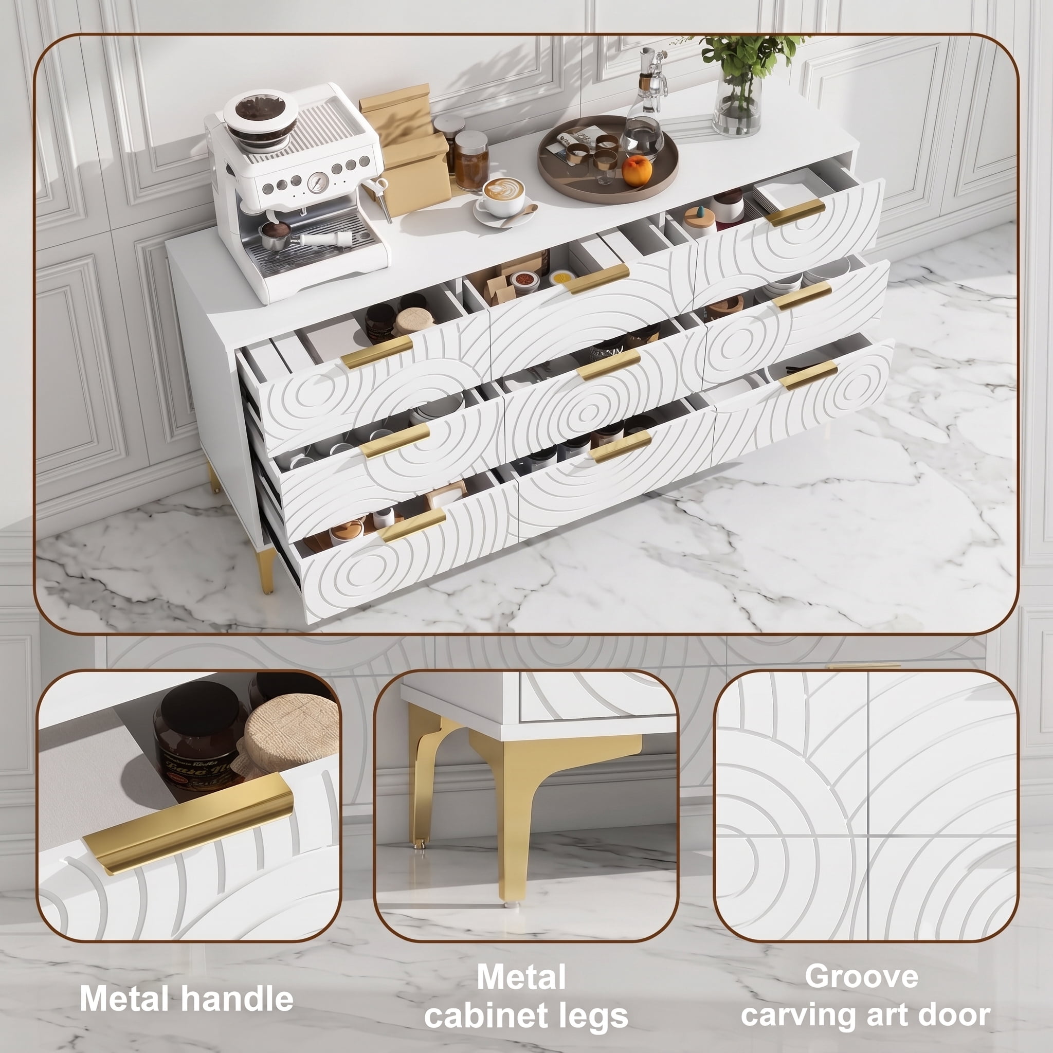 AISWORD 9 Drawer Dresser, Modern Wooden Dresser Chest with Metal Handles, Large Storage for Bedroom, White