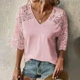 thumbnail image 3 of RQYYD Plus Size Lace Crochet Tops for Women's Summer Short Sleeve V Neck T Shirts Casual Solid Hollow Out Tee Shirts Lightweight Loose Blouse Pink 4XL, 3 of 6