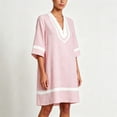 thumbnail image 4 of Women's Striped Dress V-Neck 3/4 Sleeve Colorblock Trim Dress Breathable Beach Resort Sundress Dresses for Women Pink M, 4 of 6