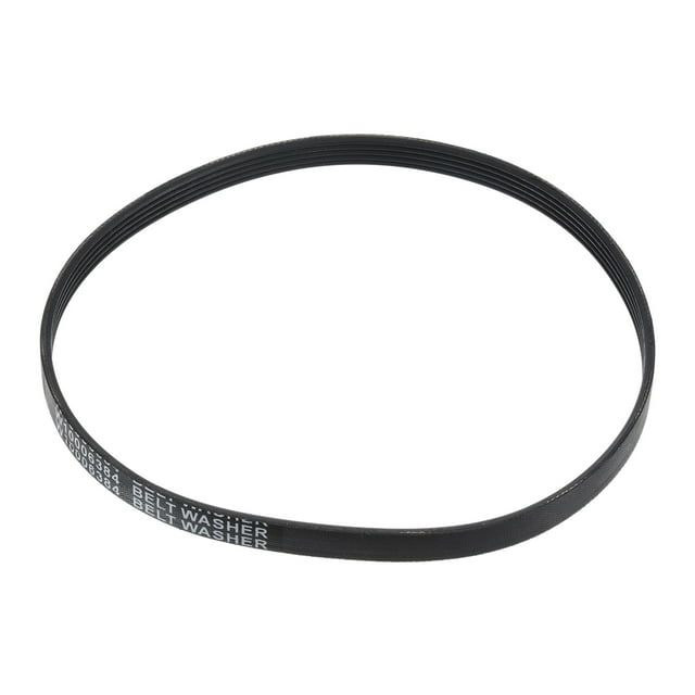 Unique Bargains 1Pcs Washer Drive Belt, a black rubber replacement part for washers and dryers. Designed to fit models W10006384 and WPW10006384, it has a perimeter of 21 inches, an inner perimeter of 20.5 inches, and a height of 1/2 inch. The belt features a durable construction to withstand heavy usage and is easy to replace. The image shows the belt in a coiled position with visible model markings on its surface.
