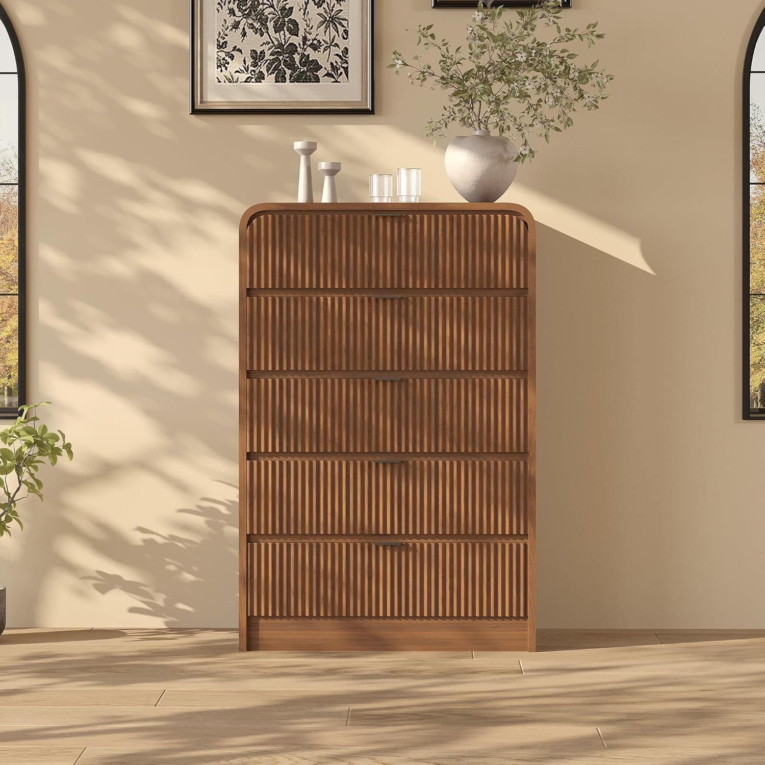 Fluted 5-Drawer Tall Dresser, Walnut Wood Chest with Rounded Edge for Bedroom, Living Room, Hallway