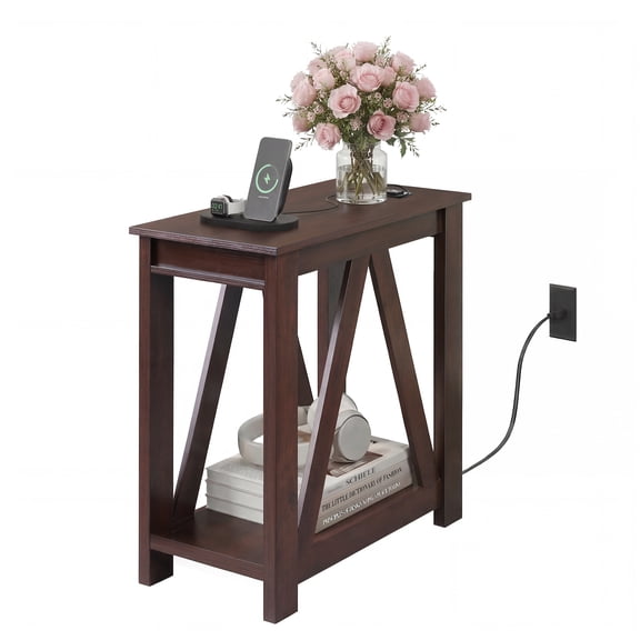 GALAXHERO Narrow End Table with Charging Station and Open Storage Shelf, Sofa Side Table with 2 USB Ports and 2 Power Outlets, Slim Farmhouse End Table for Small Spaces, Bedroom, Living Room Espresso