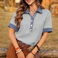 thumbnail image 6 of Miluxas Women's Summer Short Sleeve Tops Button-Up Collared Shirts with Linen and Denim Contrast Collar Trendy Business Casual Tunic Blouse Gray, 6 of 8
