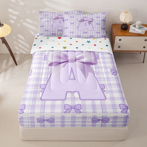 Homewish Purple Ribbon Bow Zipper Twin Comforter Sets with Fitted Sheet and 2 Pillowcases For Girls,Letter A Initial Kids Zipper Bedding Set,Reversible,4-Piece