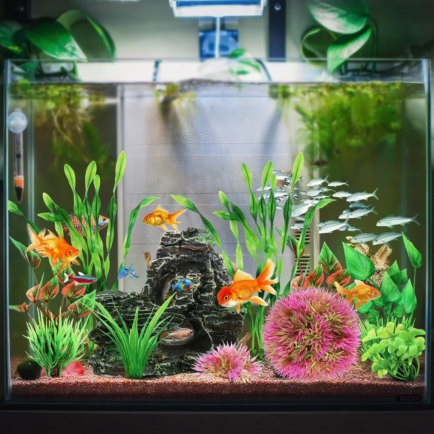 Fish Tank Accessories Aquarium Plants, Colorful Fish Bowl Ornaments Plants and Rock Cave Decor Set