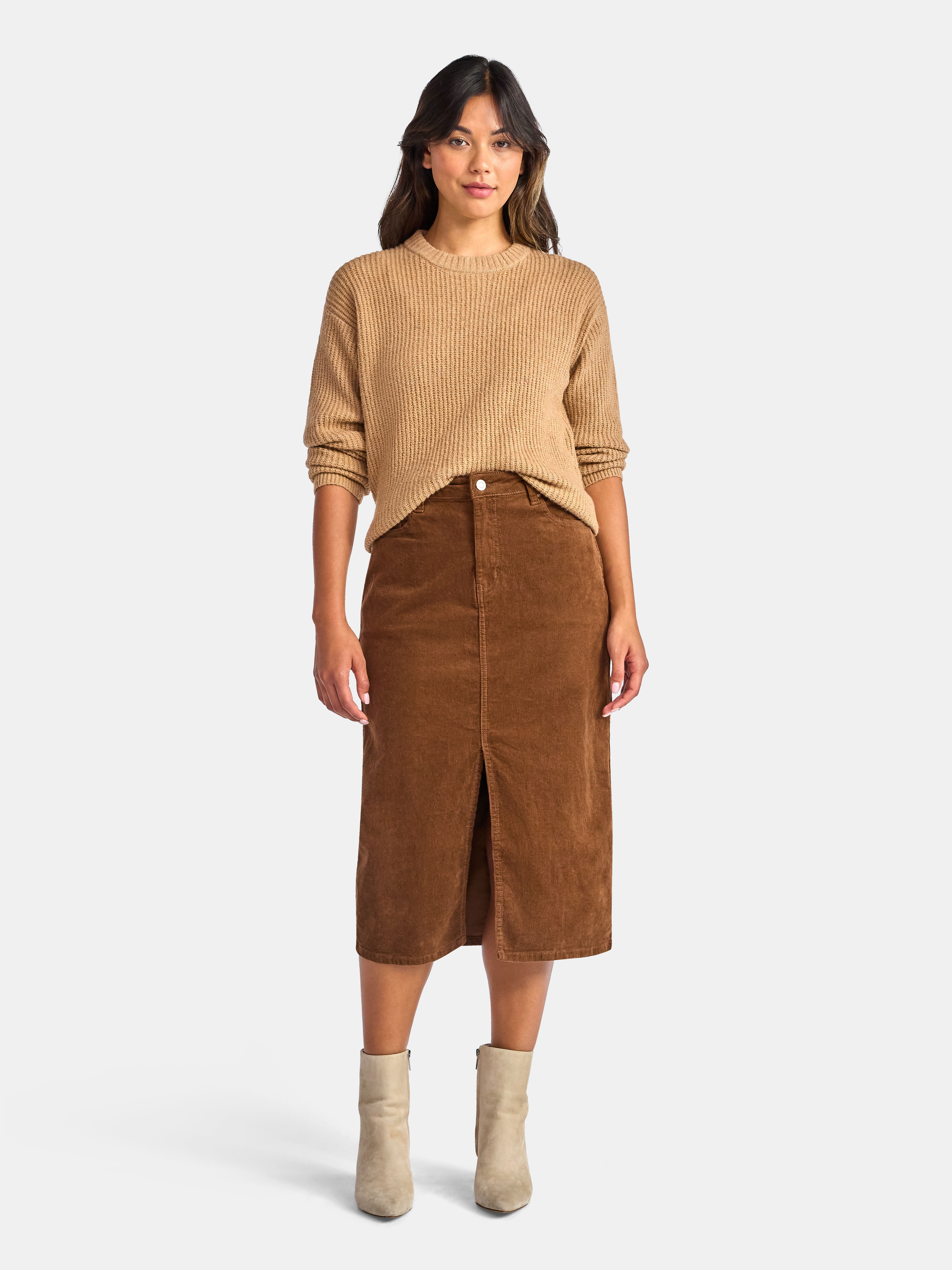 Time and Tru Women's Corduroy Midi Skirt with Front Slit, Sizes 0-20