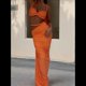thumbnail image 5 of Conjunto de 2 Piezas para Mujer, Sexy, , de Verano, con Top Fruncido y Espalda Descubierta, y Falda con Aberturas, Vestido de Noche. Color Naranja L, 5 of 7