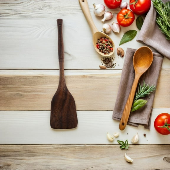 KONTONTY 12.5 Inch Wooden Cooking Utensils Set with Long Handle, Brown Wood Kitchen Tools, Heat Resistant and Durable
