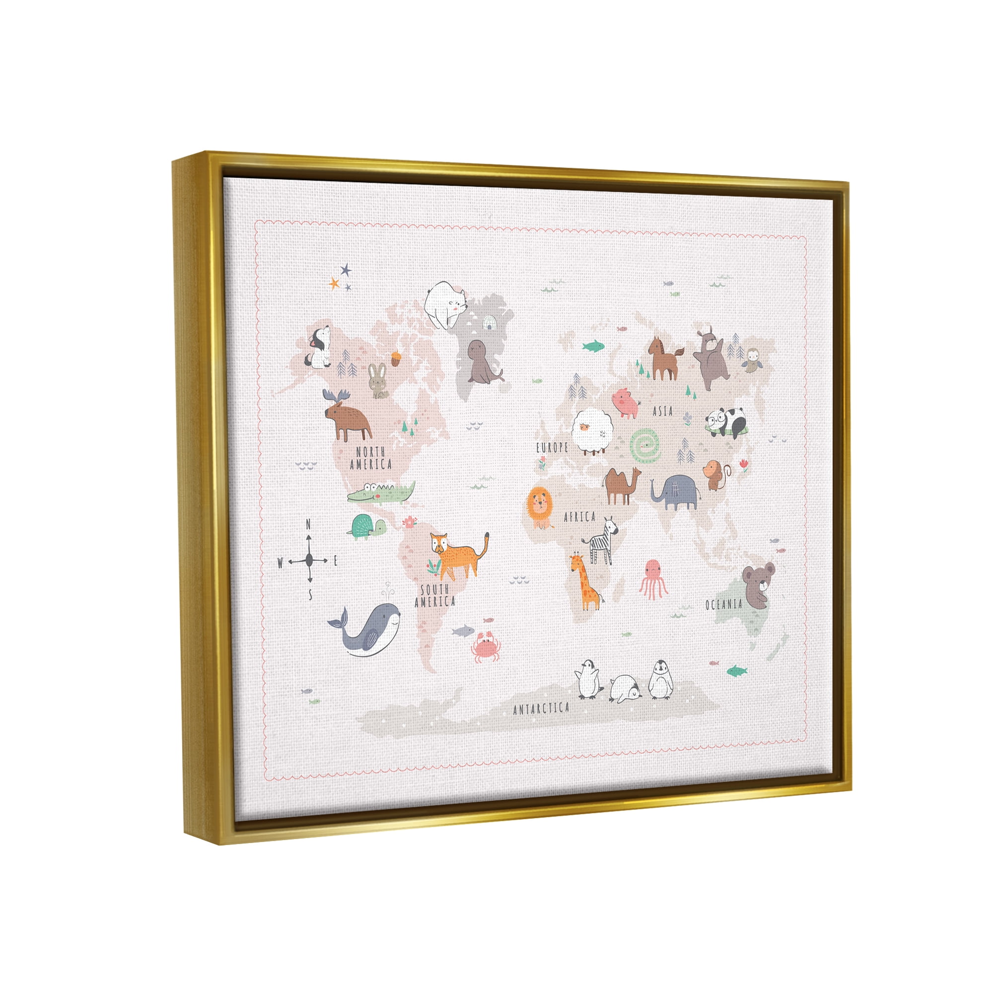 Stupell Industries Native Wildlife Animals Countries World Map Education Graphic Art Metallic Gold Floating Framed Canvas Print Wall Art, Design by Andrea Jasid Grassi